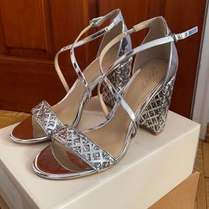 Silver badgley mischka shoes - straps sandals - glitter block heel